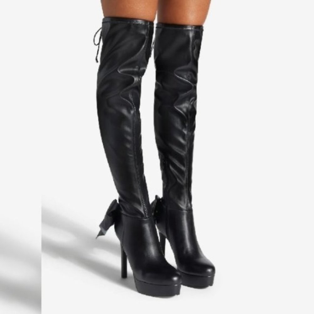 GERETY // Tall Platform Bow Accent Over the Knee Faux Leather Boots : Wide Calf